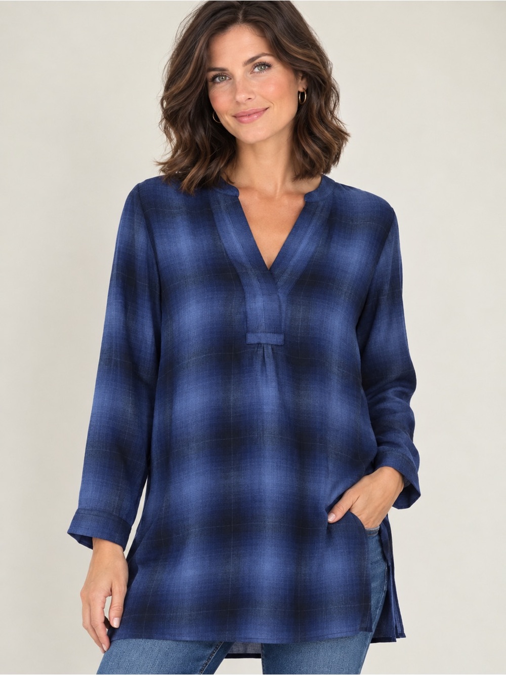 NWT J. Jill Periwinkle Blue Plaid Split Neck Tunic Top Blouse NWT 4X